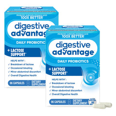 Digestive Advantage daily probiotic lactose-support capsules on a bottle—supports gentle digestion.