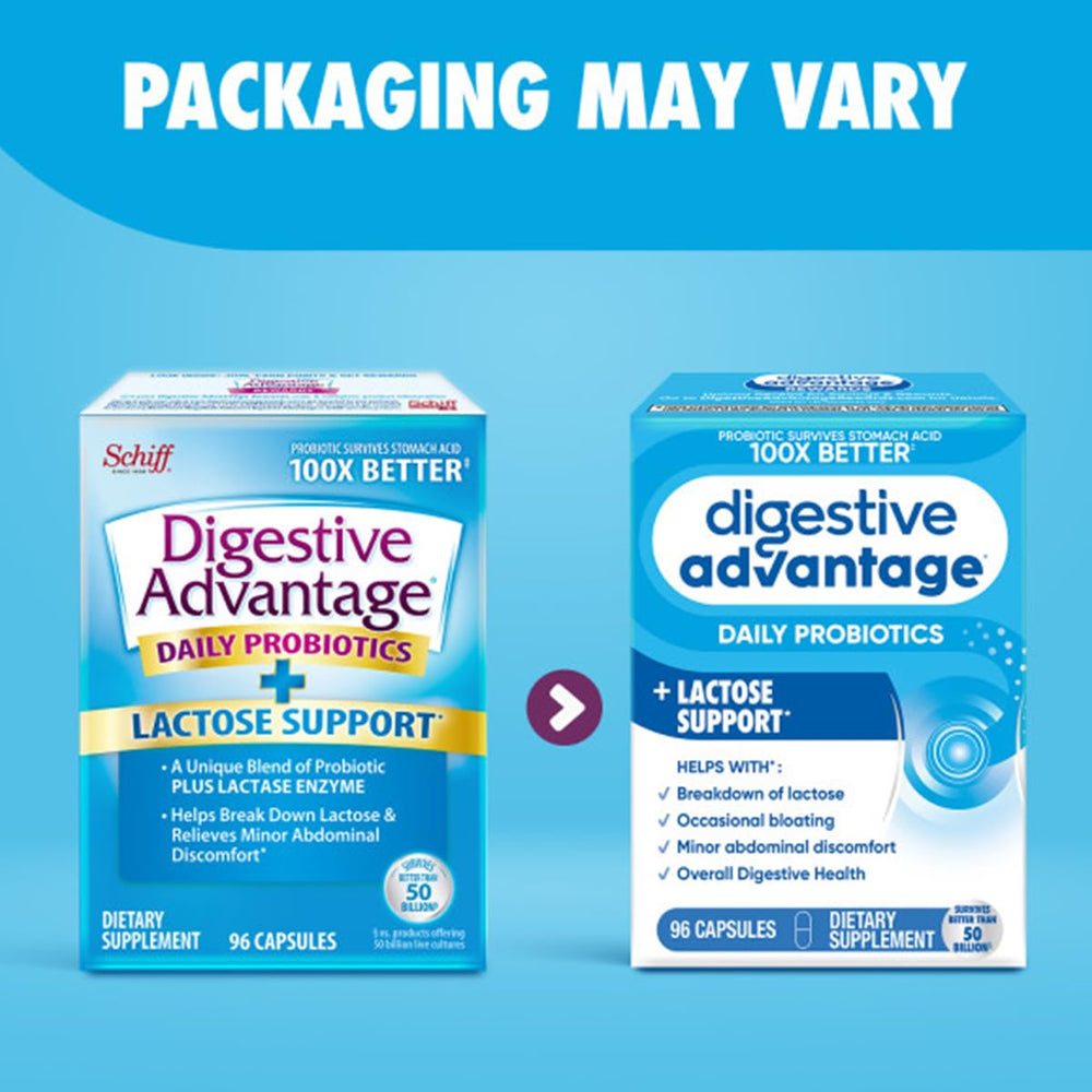 Digestive Advantage ingredients label highlights non-GMO and lactase enzymes.