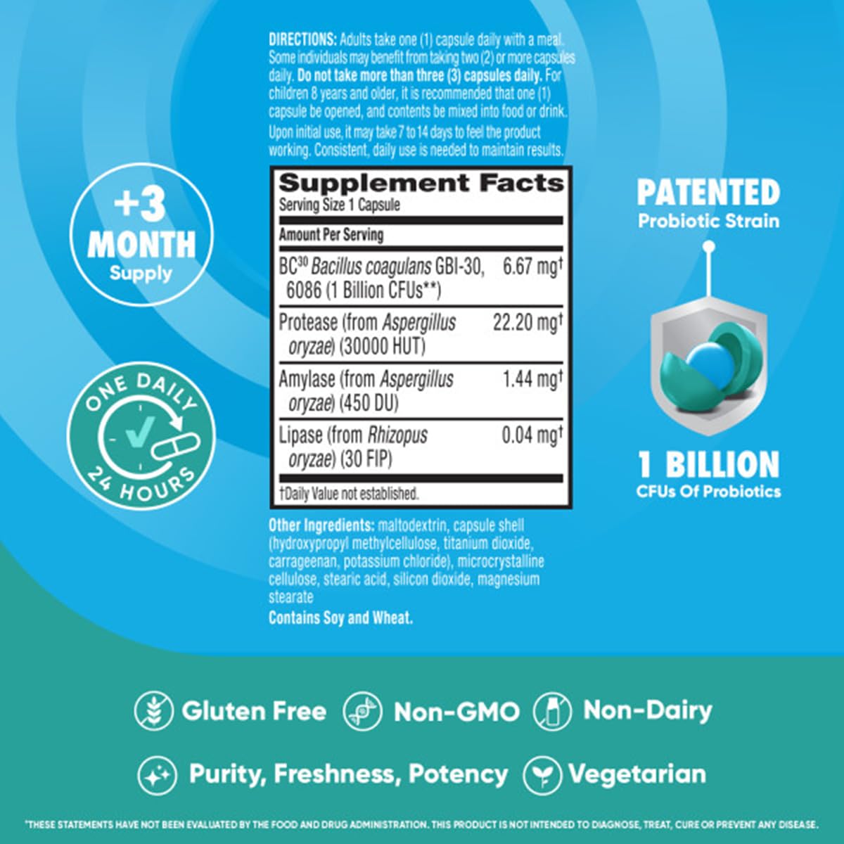 Digestive Advantage nutrition facts label close-up showing non-GMO status