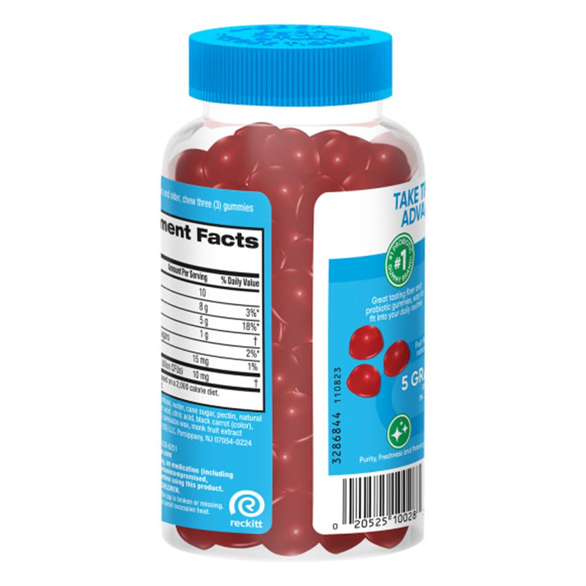 Prebiotic fiber bottle showcasing 5 g per serving for gut health.