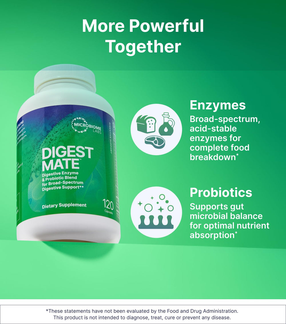 DigestMate ingredient list graphic emphasizing enzymes and spores