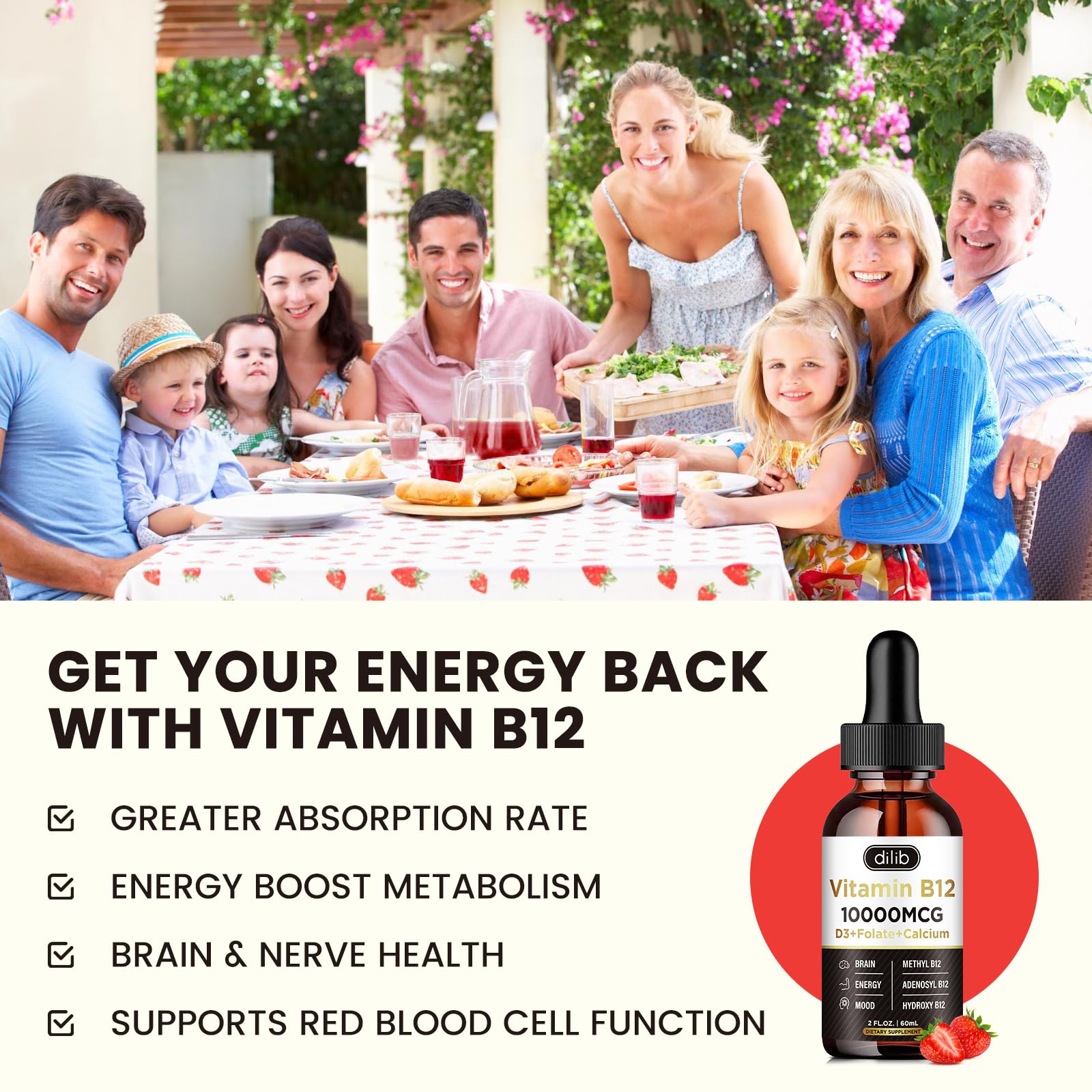 Dilib B12 liquid drops strawberry flavor highlights tasty, convenient daily routine.