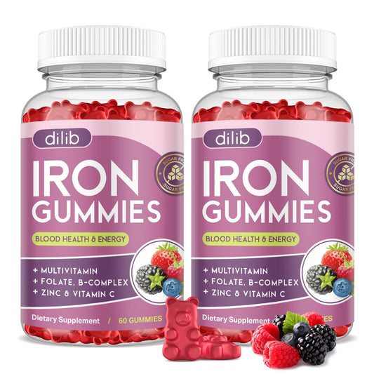 Dilib Iron Gummies bottle poured, illustrating convenient daily iron support.