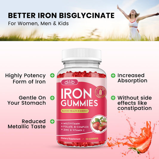 Dilib iron gummies close-up showing chewy strawberry texture and flavor.