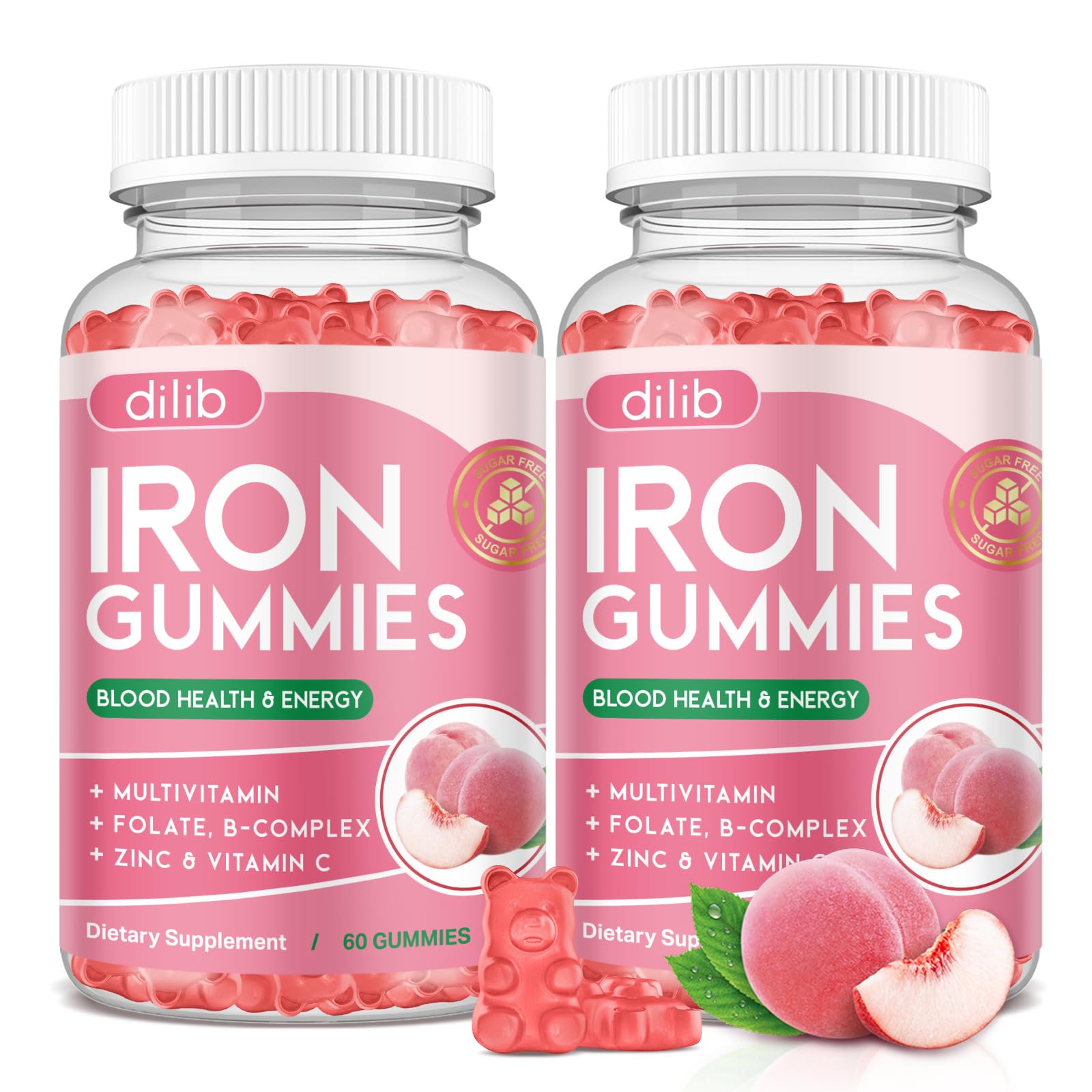 Dilib Iron Gummies bottle with peach flavor for easy daily iron support.