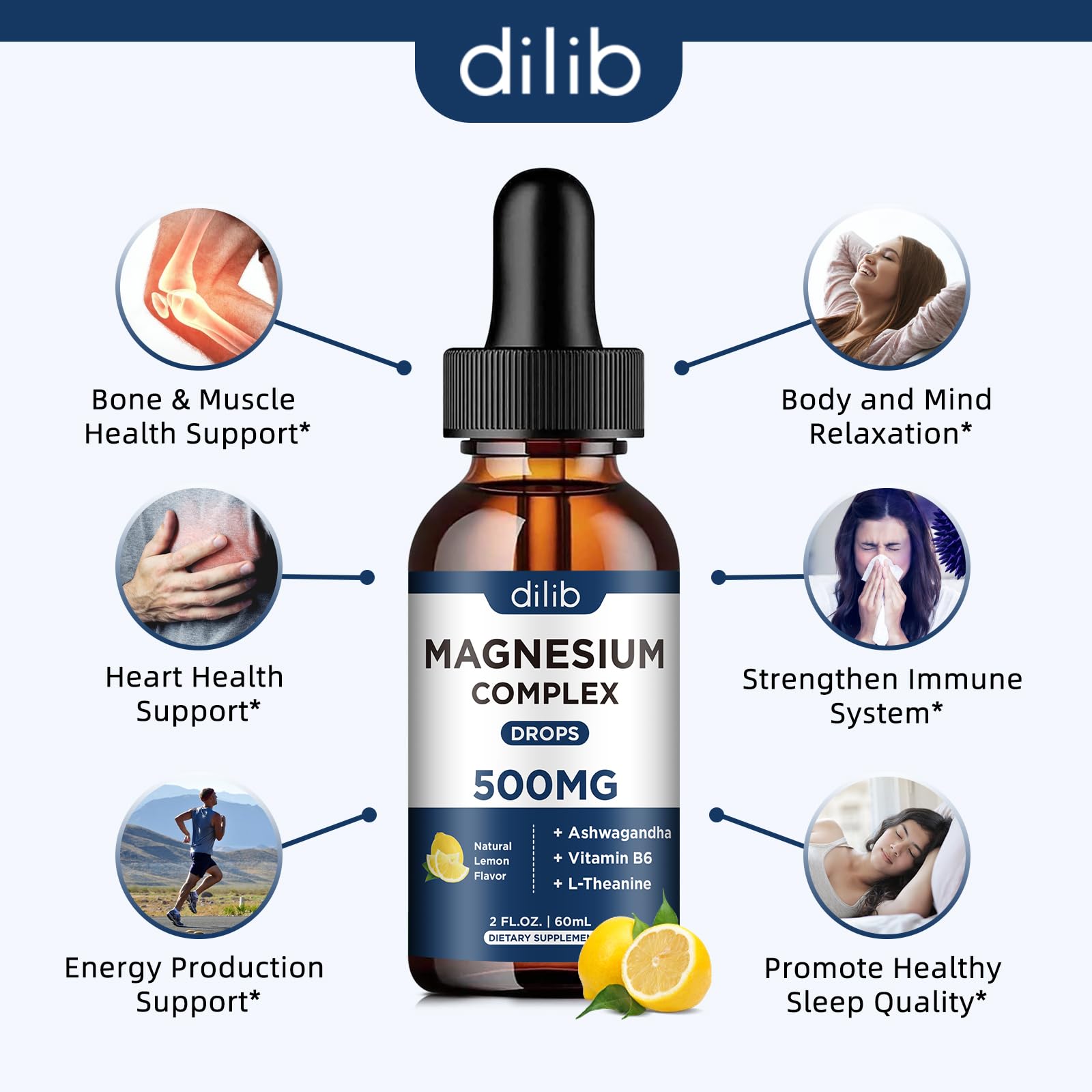Dilib Magnesium Drops label closeup highlighting ingredients and value.