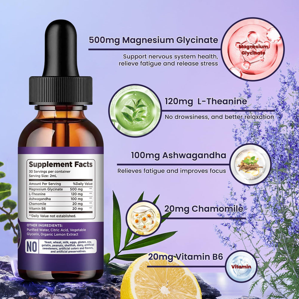 DILIB magnesium glycinate drops label showing ashwagandha, L-theanine and chamomile