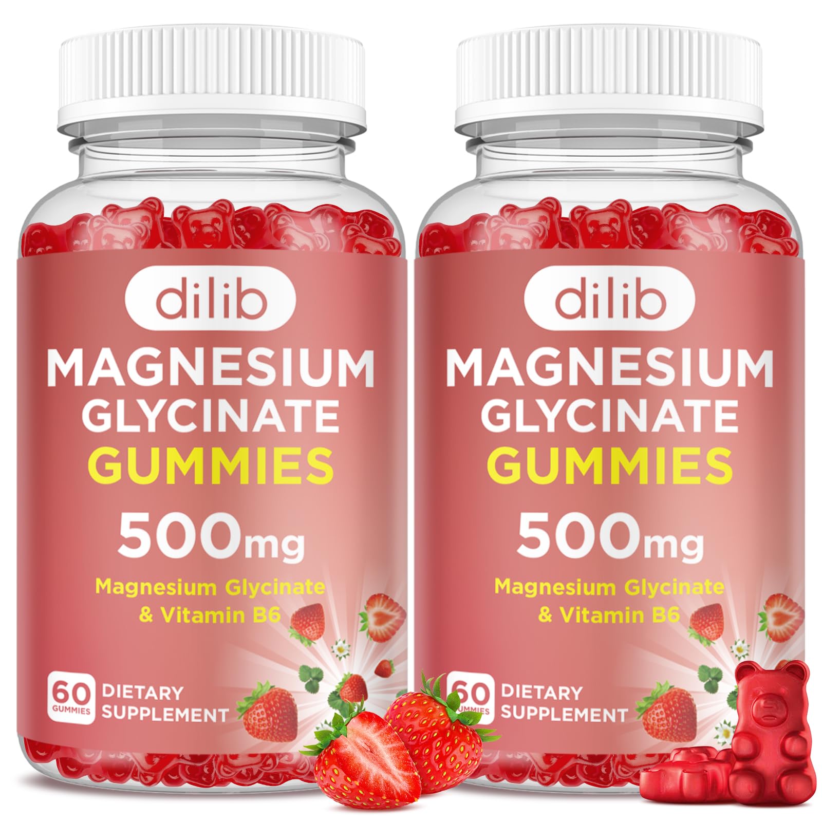 Dilib magnesium glycinate gummies bottle showing 500mg potency and strawberry flavor.