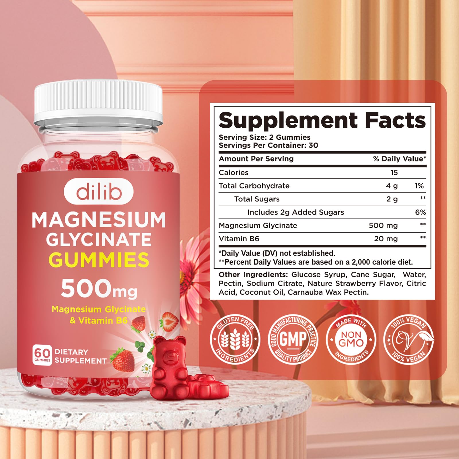 Dilib ingredients panel featuring Vitamin B6 and magnesium glycinate.
