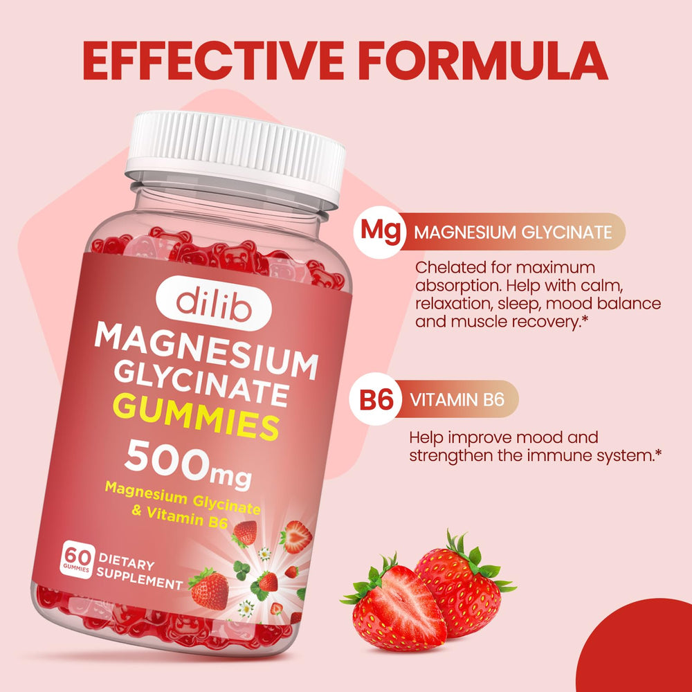 Dilib magnesium glycinate gummies close-up highlighting strawberry flavor and easy intake.