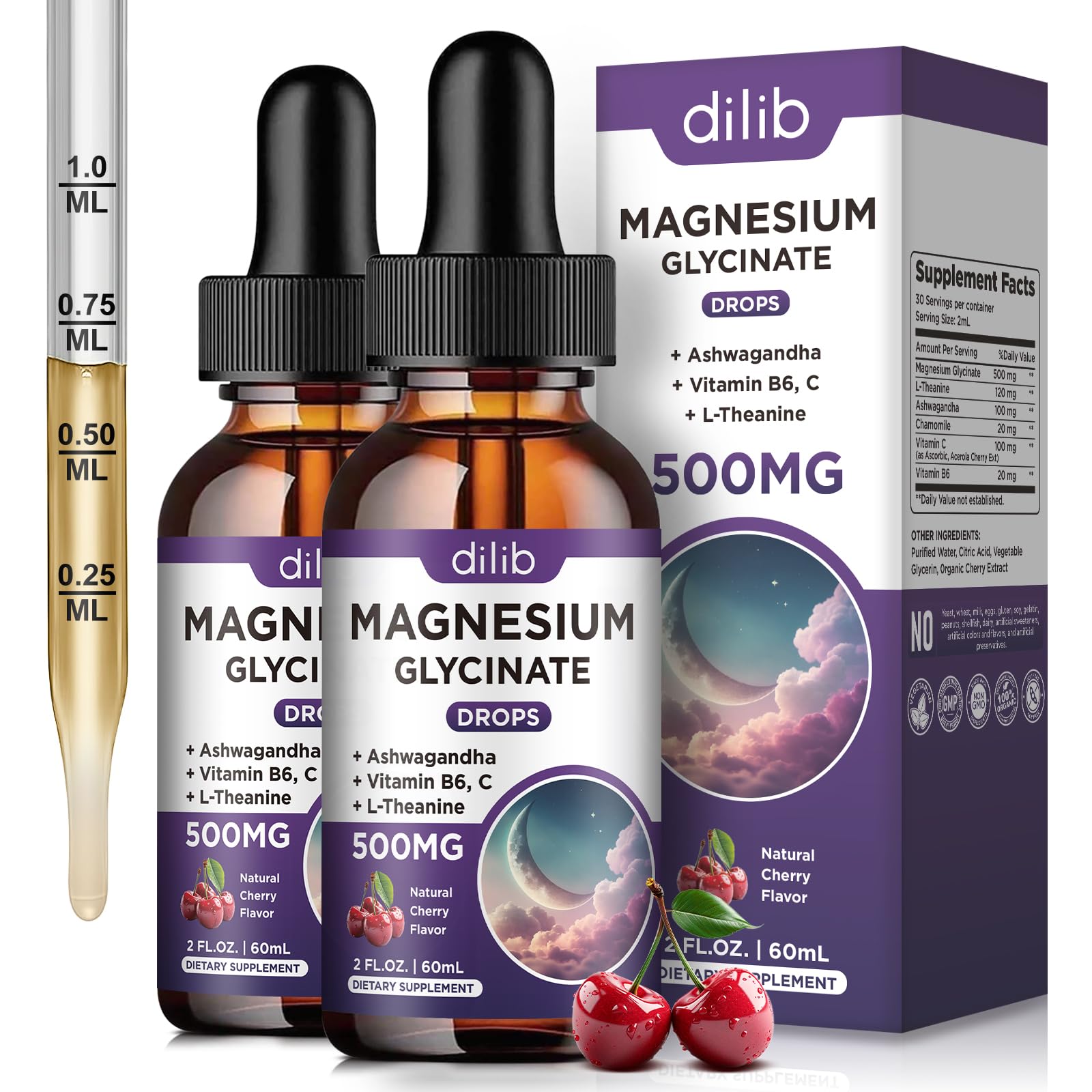 Dilib magnesium glycinate liquid drops bottle shows high absorption and cherry flavor.