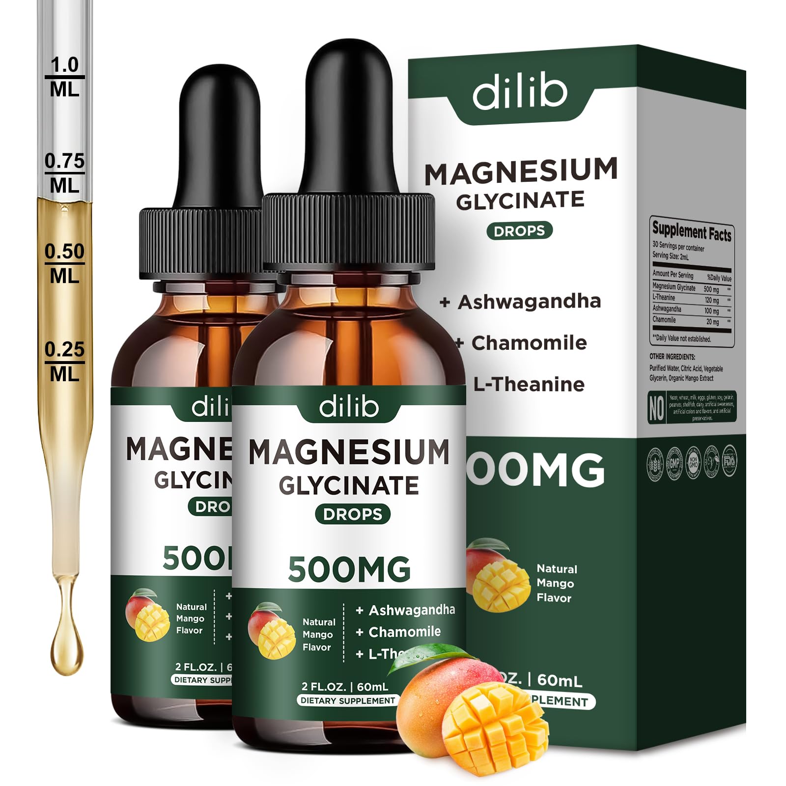 dilib magnesium glycinate liquid drops bottle with mango flavor for stress relief