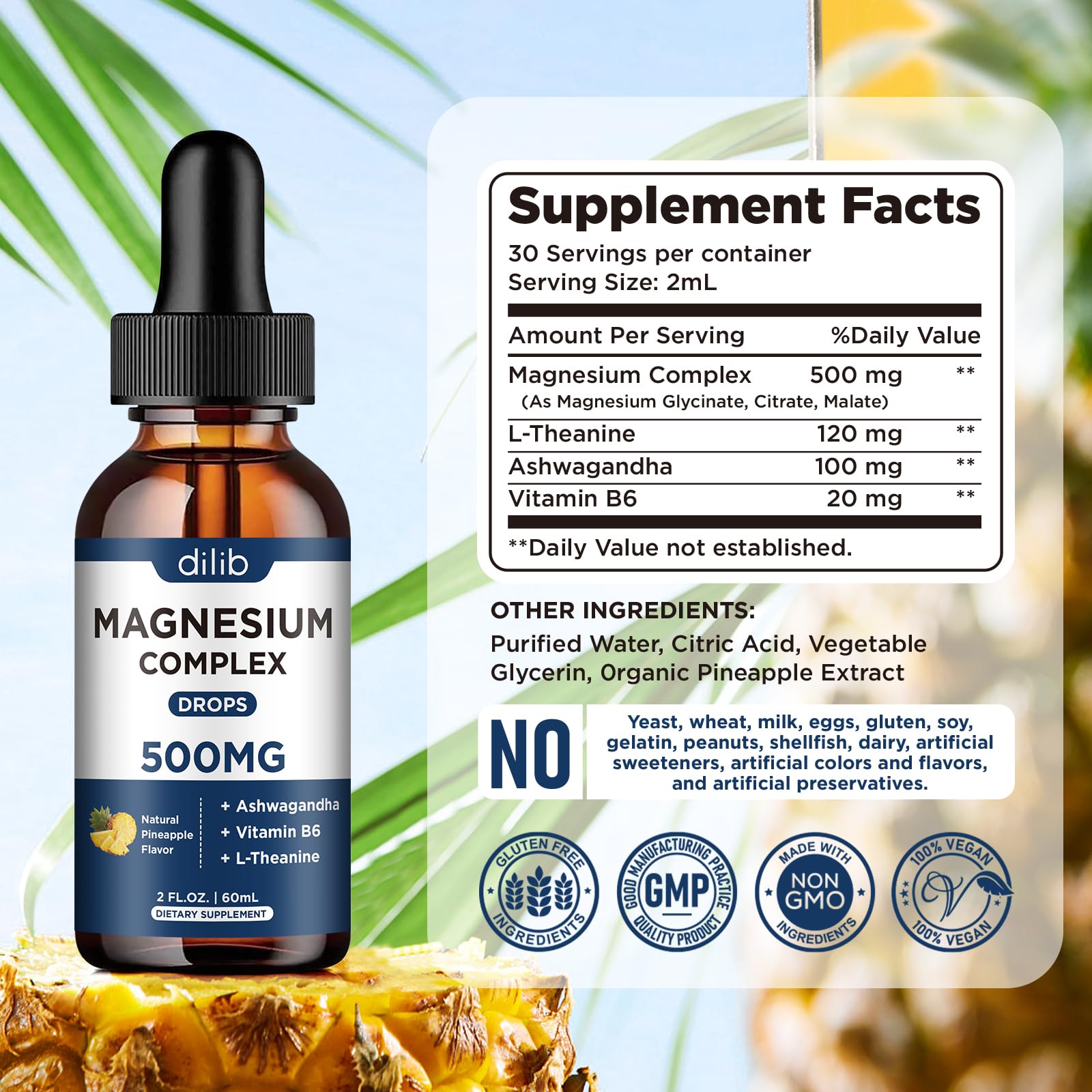 Dilib Magnesium Glycinate Liquid Drops dosedrop emphasizes precise 2 ml dosing.