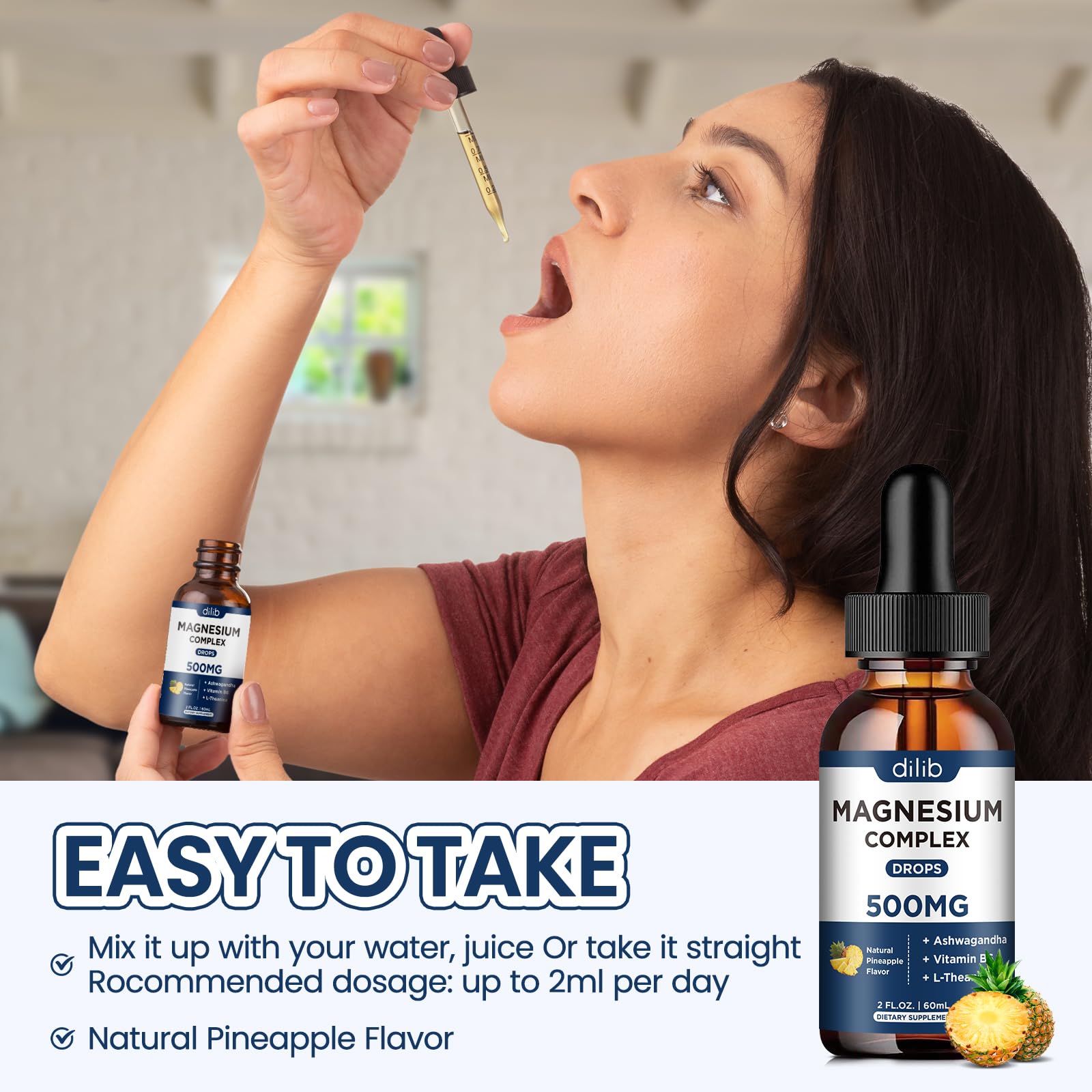 Dilib Magnesium Glycinate Liquid Drops pineapple flavor enhances daily intake.