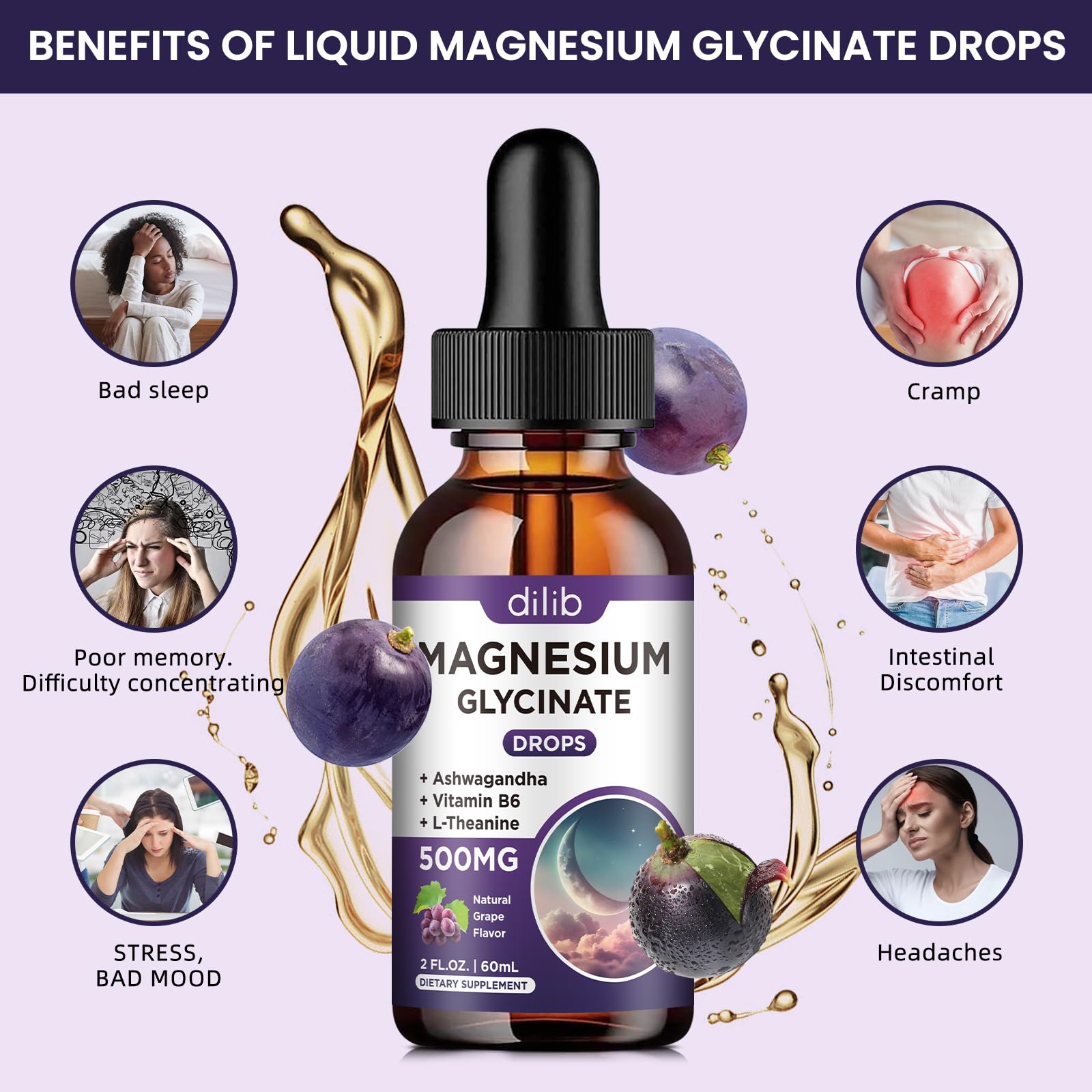 Dilib magnesium glycinate liquid drops under tongue demonstrates fast absorption and convenient use.