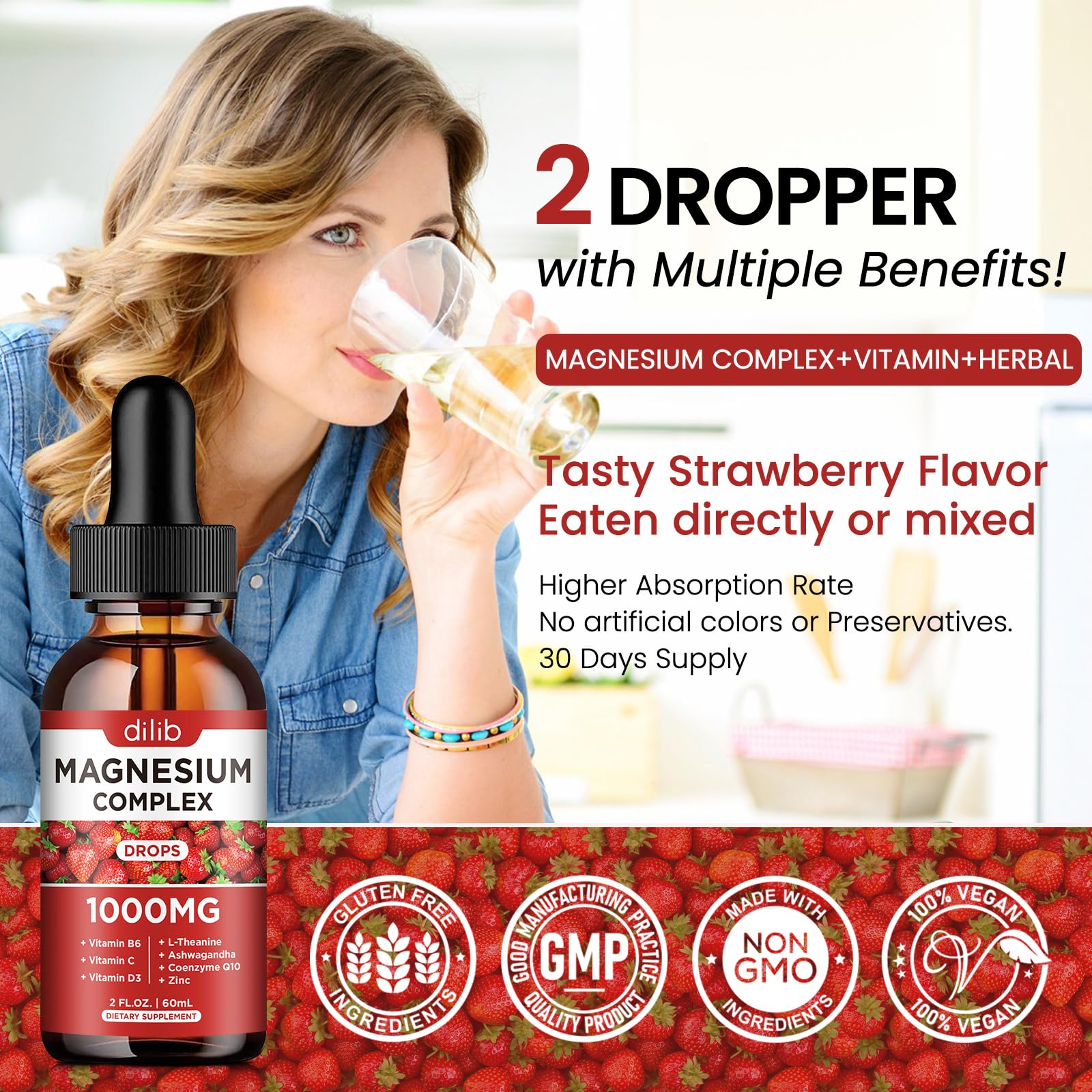 Dilib Triple Magnesium Complex vegan, gluten-free, dairy-free packaging appeals to diverse diets.