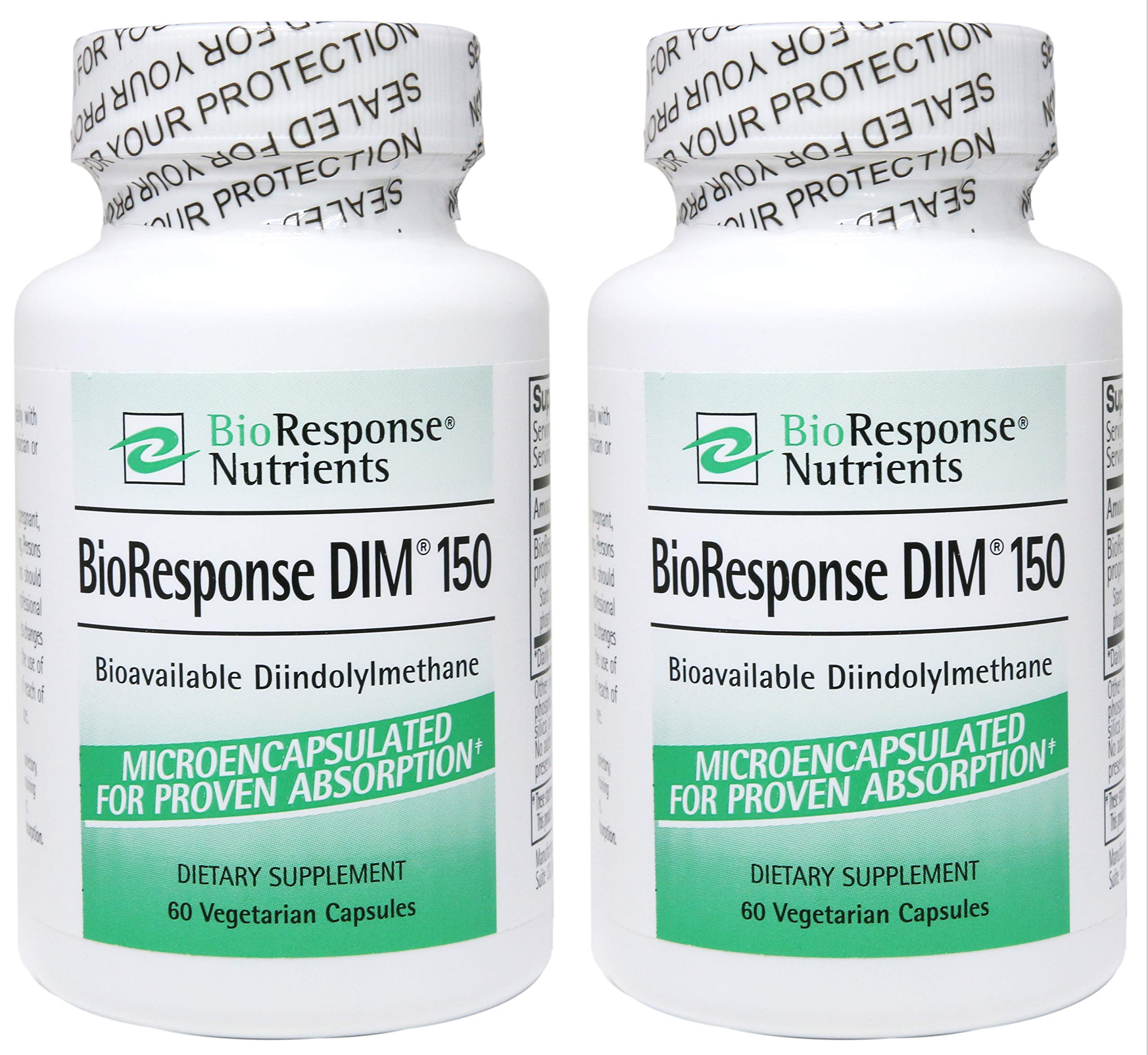Dim BioResponse DIM bottle label showing 150 mg per capsule for daily use.