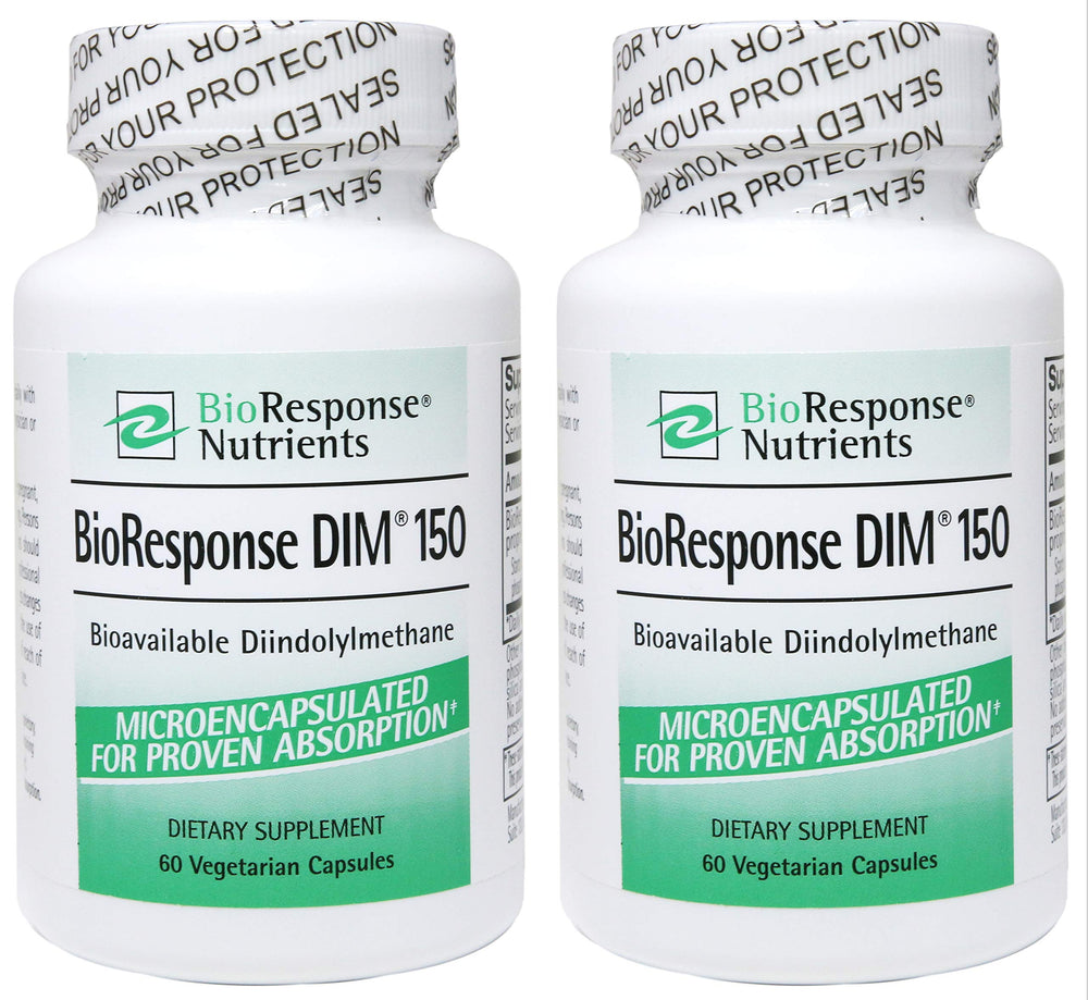 Dim BioResponse DIM bottle label showing 150 mg per capsule for daily use.