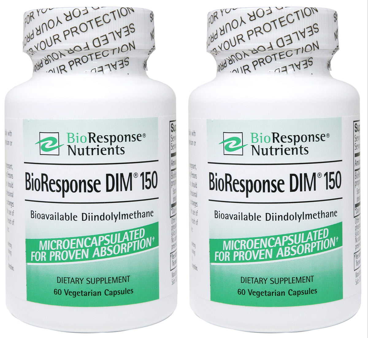 Dim BioResponse DIM bottle label showing 150 mg per capsule for daily use.