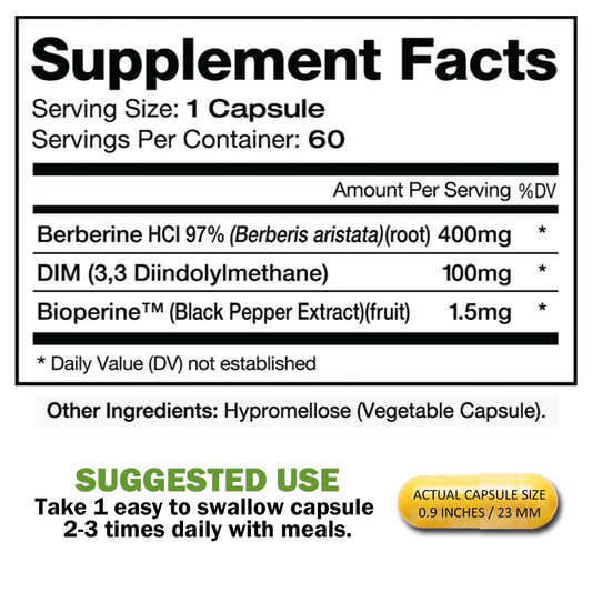 Dimberine bottle label close-up highlights purity and enhanced absorption features.