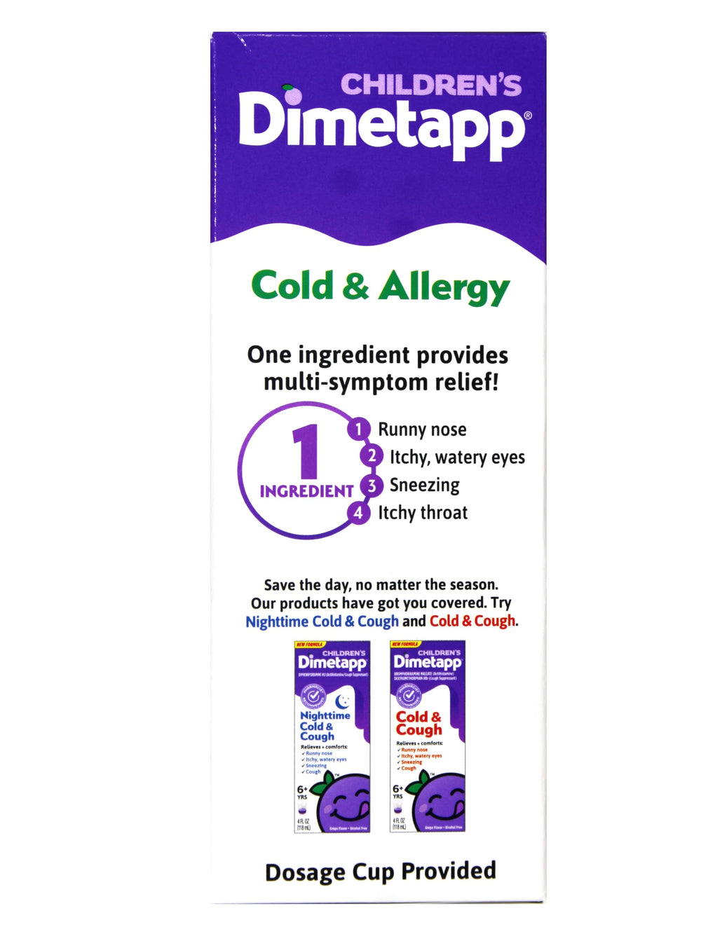 Dimetapp grape syrup back label highlights ingredients and dosing guidance
