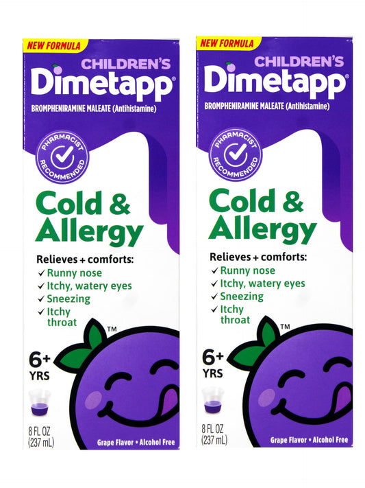 Dimetapp grape syrup bottle 8oz in 2-pack for family use and symptom support