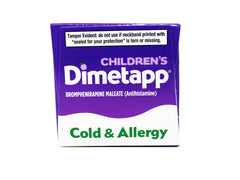 Dimetapp label close-up highlights the NDC and alcohol-free claim.