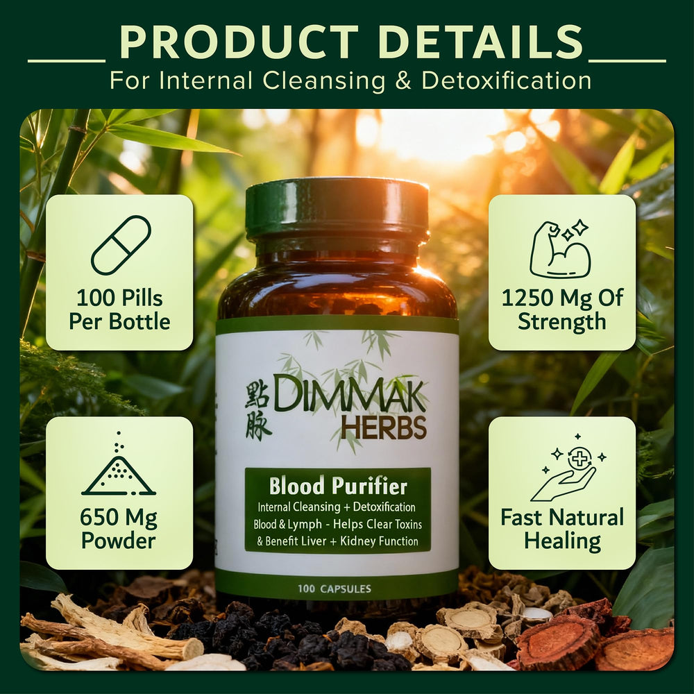 Dimmak Blood Purifier capsules close-up showing vegan capsules