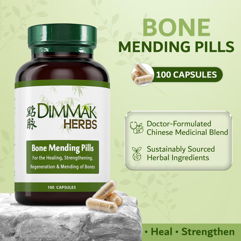 Dimmak Herbs Bone Mending Pills capsules close-up showing 500mg dosing for daily support.