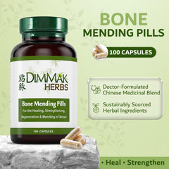 Dimmak Herbs Bone Mending Pills capsules close-up showing 500mg dosing for daily support.