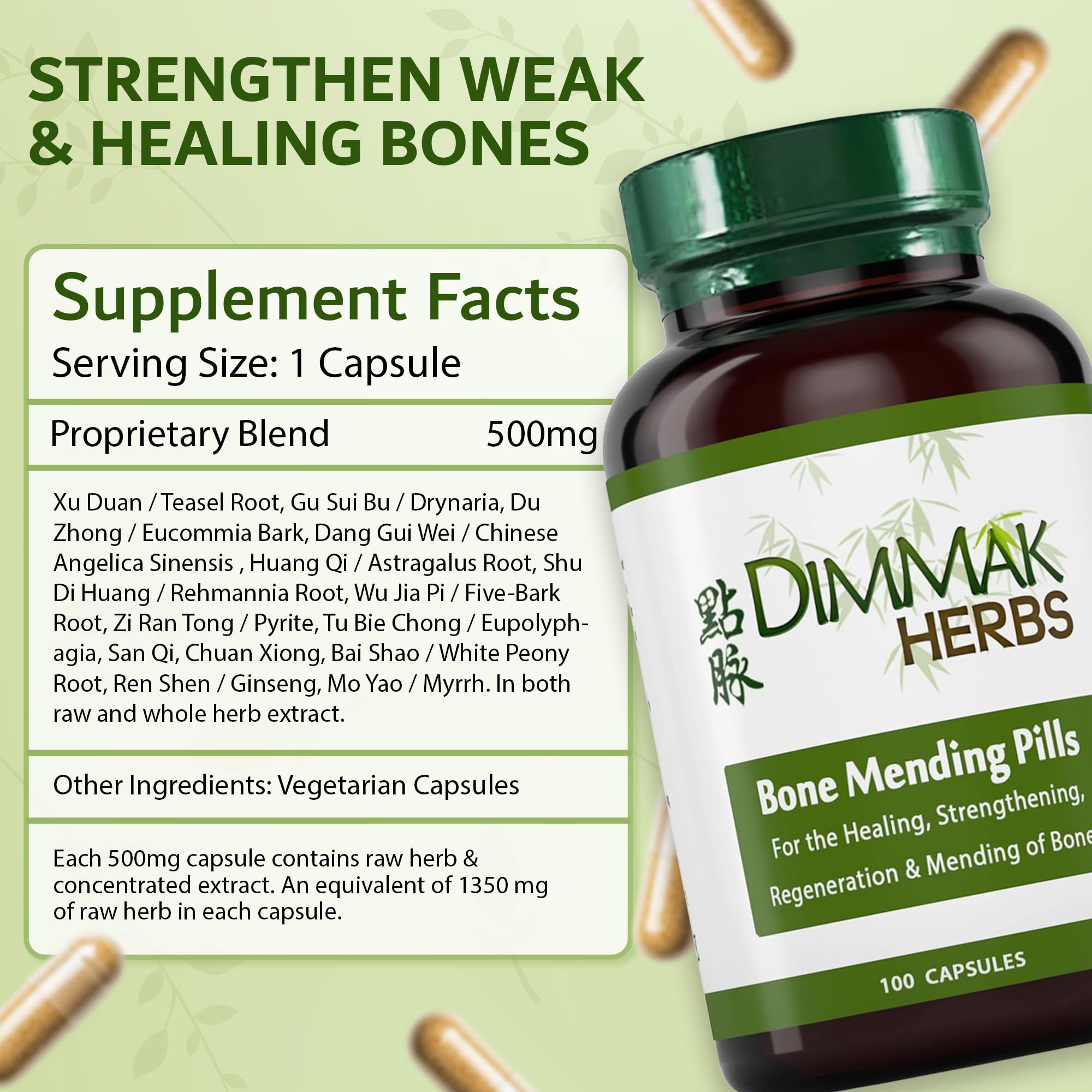 Dimmak Herbs Bone Mending Pills label detail highlights organic, vegan, gluten-free ingredients.