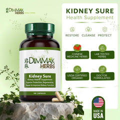 Closeup of Dimmak Herbs Kidney Sure capsules highlighting vegan, gluten-free ingredients