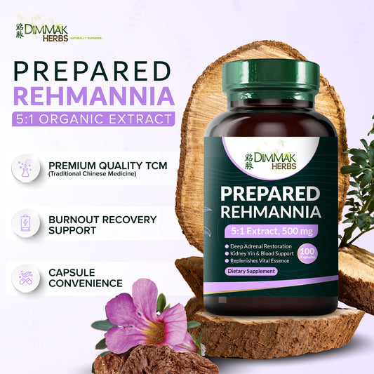 Dimmak Herbs prepared Rehmannia bottle front showing vegan formula
