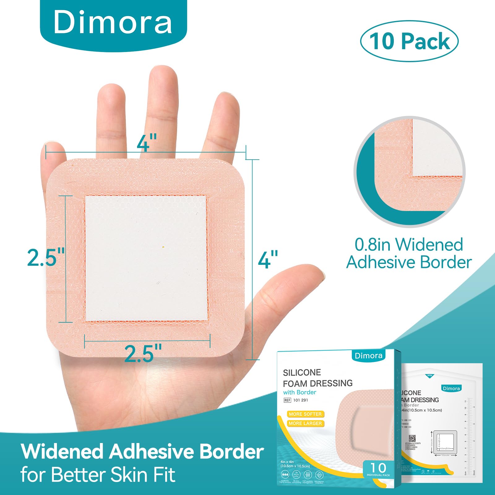 Dimora adhesive dressing on dry skin close-up for easier removal and less trauma.