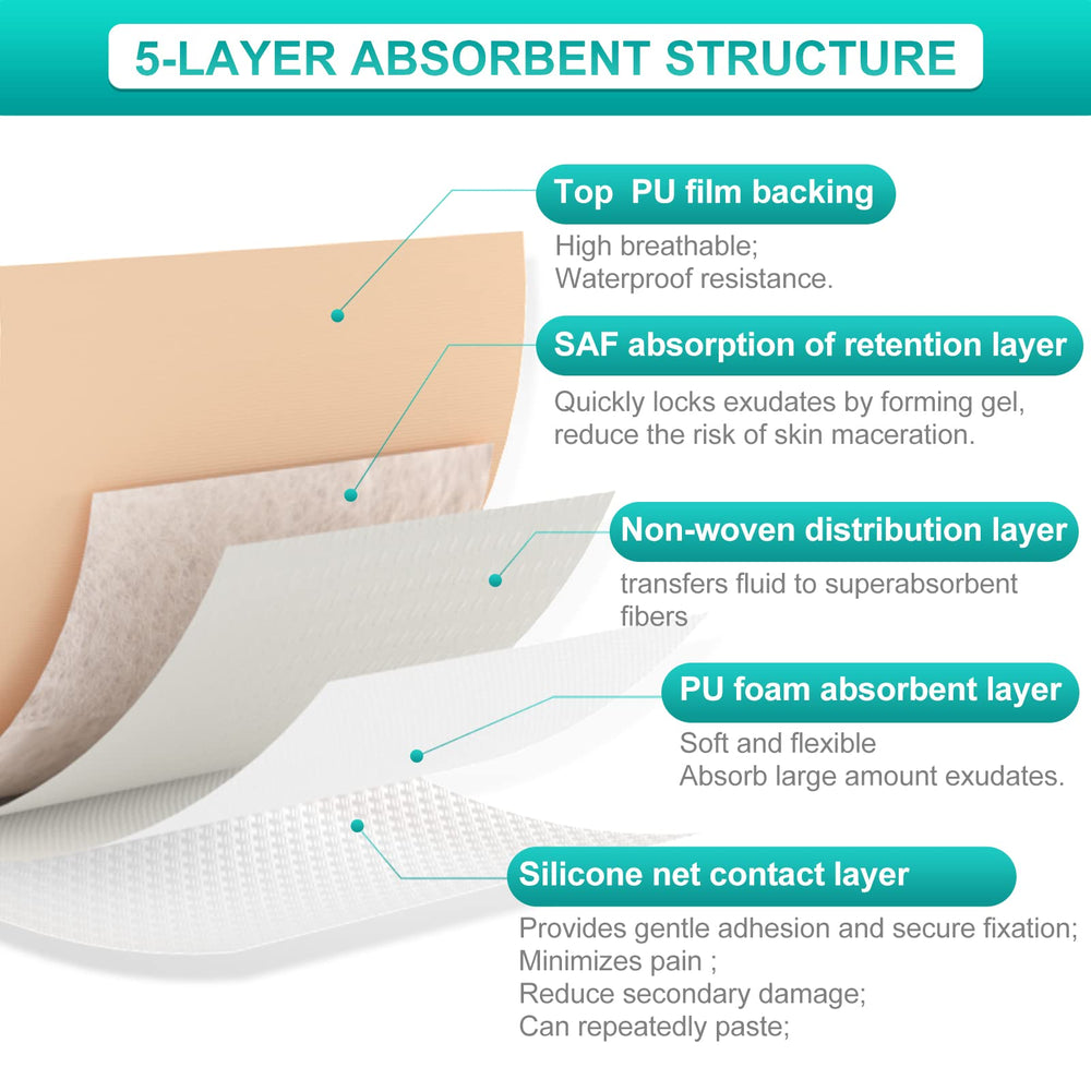 Dimora exudate management image highlighting 2mm foam core and SAF layer