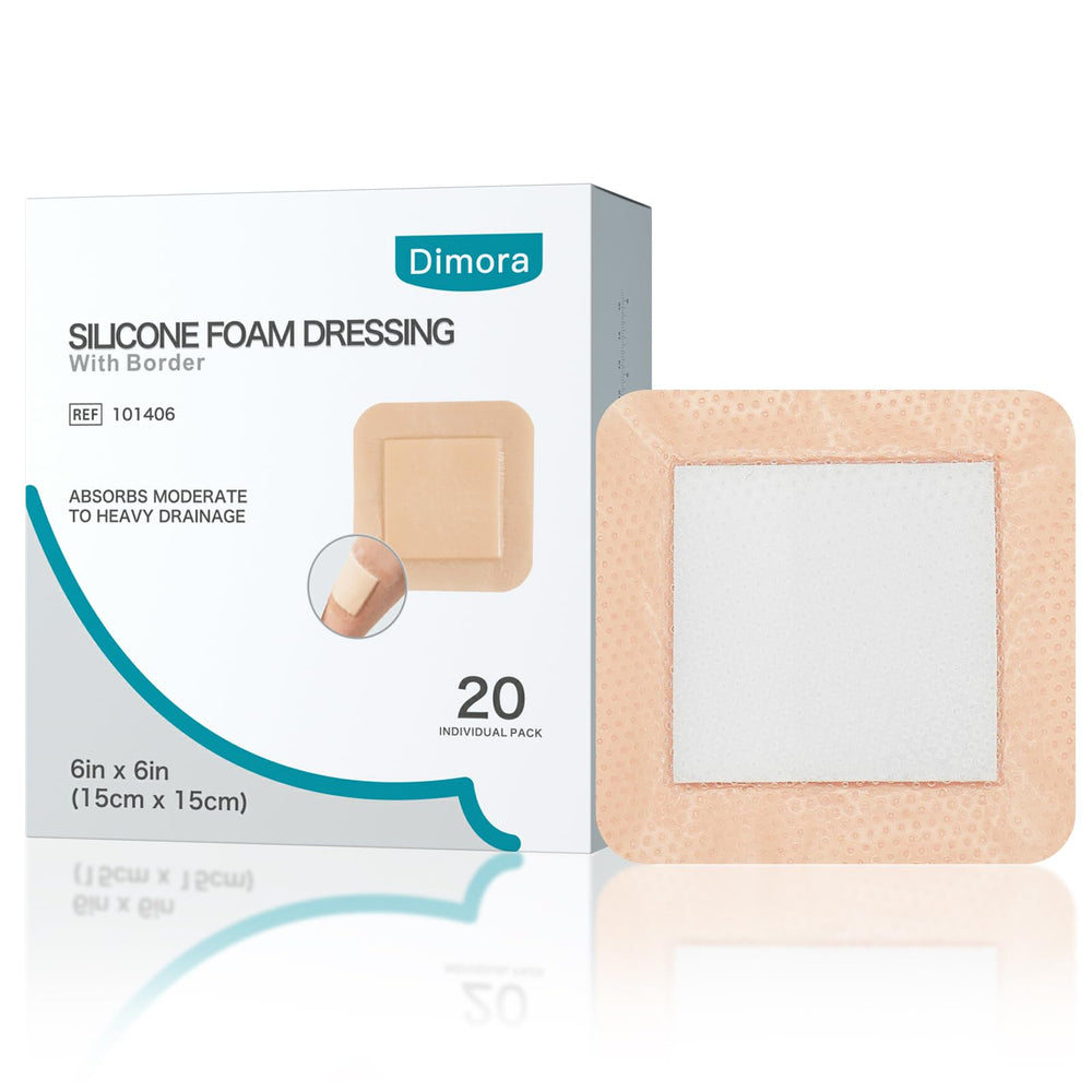 Dimora silicone foam dressing border adhesive 6x6 close-up showing secure fit and gentle removal.