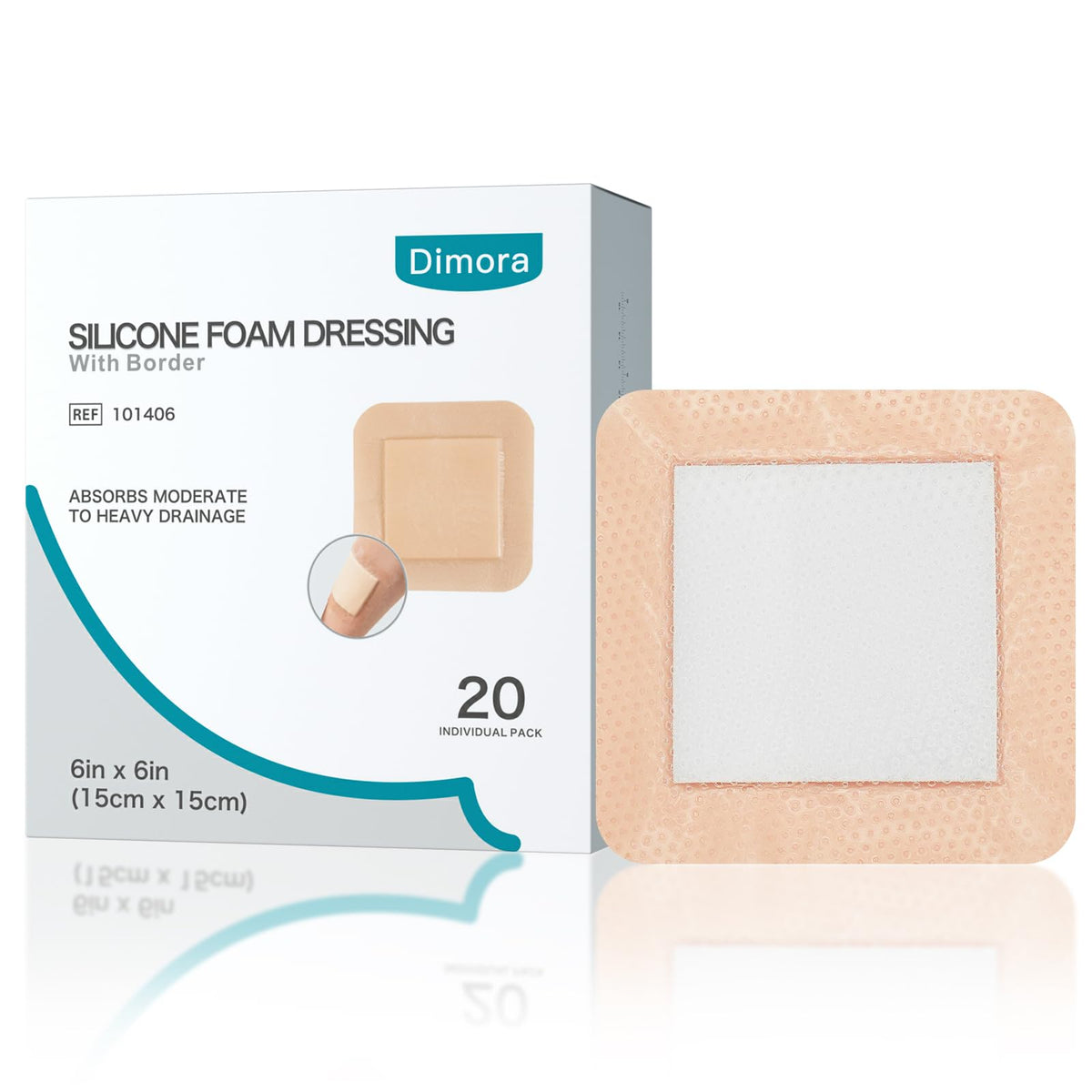 Dimora silicone foam dressing border adhesive 6x6 close-up showing secure fit and gentle removal.
