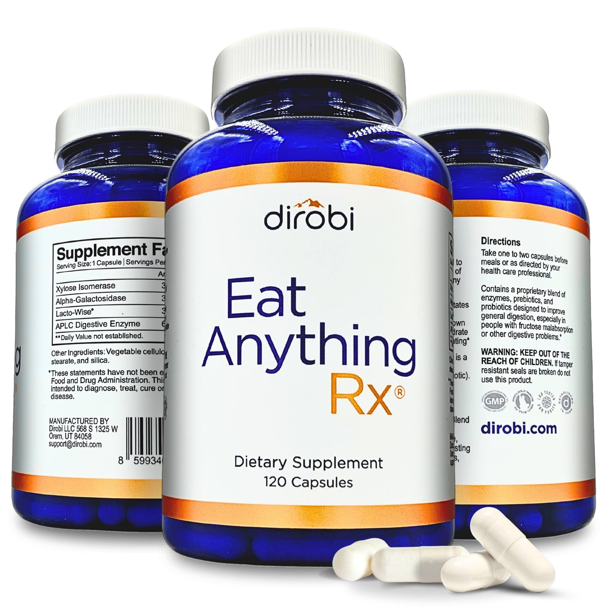 Dirobi Eat Anything bottle pour showing easy daily digestive enzyme use after meals.