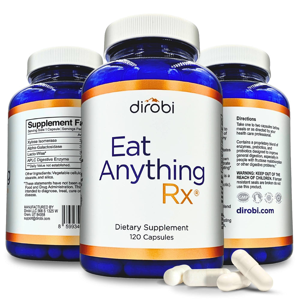 Dirobi Eat Anything bottle pour showing easy daily digestive enzyme use after meals.