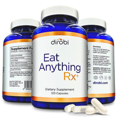 Dirobi Eat Anything bottle pour showing easy daily digestive enzyme use after meals.