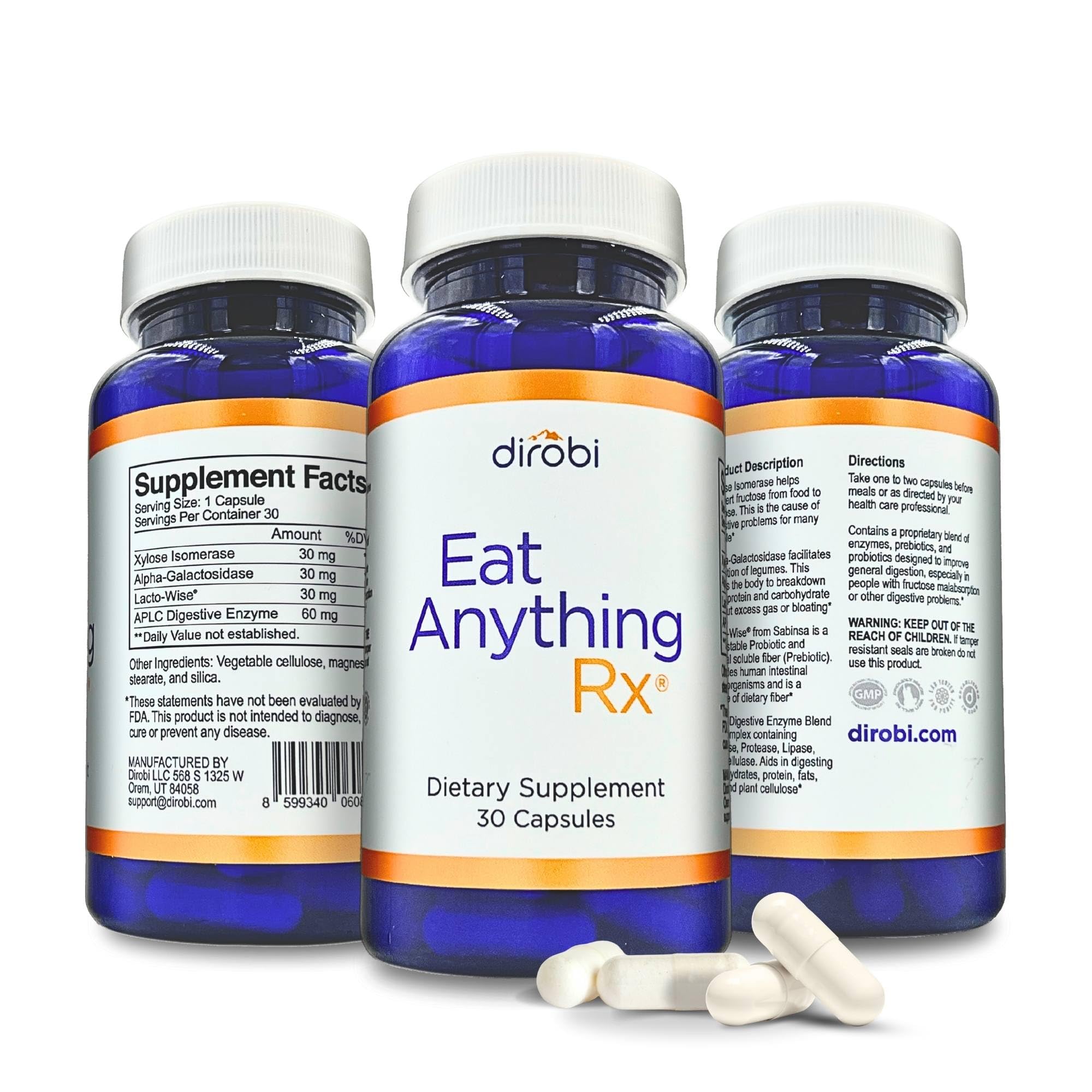 Dirobi Eat Anything bottle with xylose isomerase capsules supporting digestion after meals