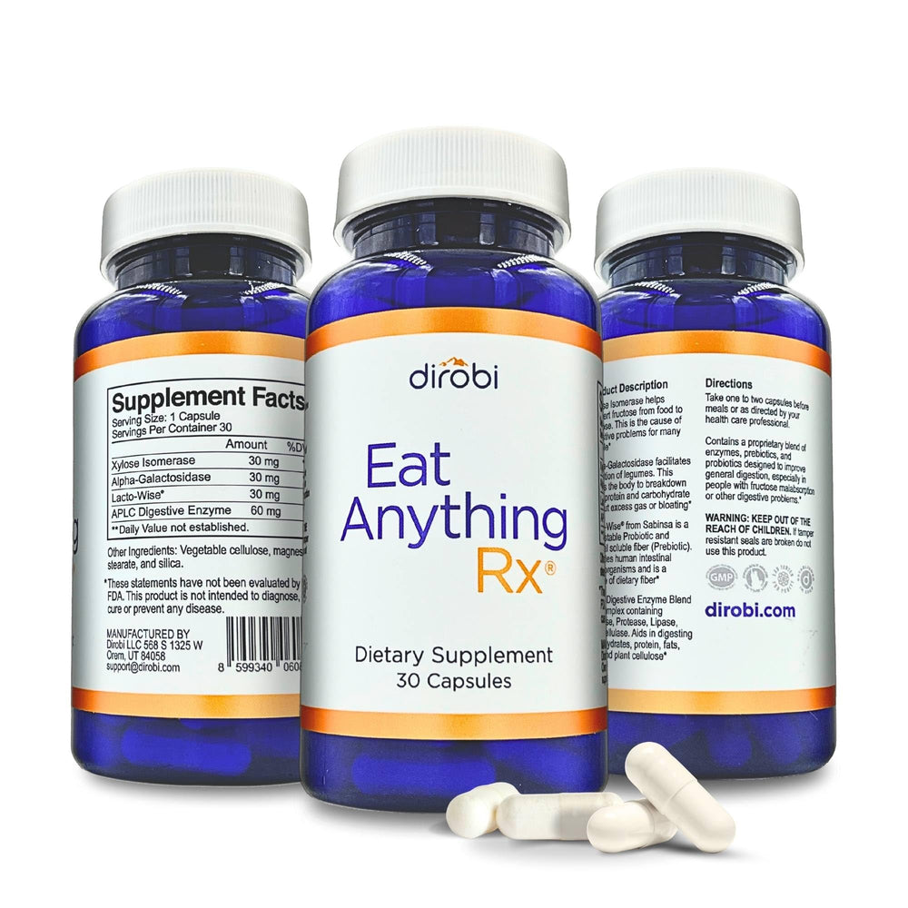 Dirobi Eat Anything bottle with xylose isomerase capsules supporting digestion after meals