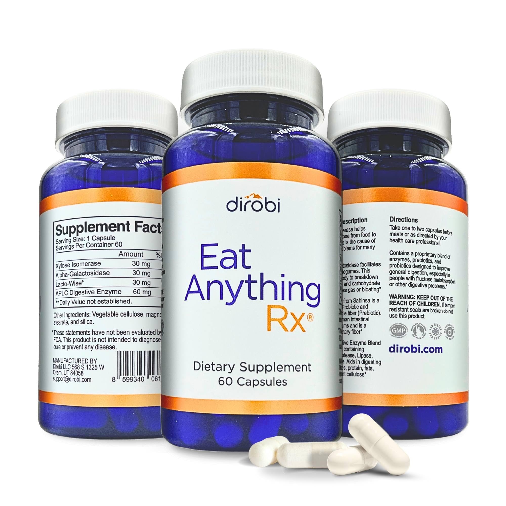 Dirobi Eat Anything bottle close-up showing digestion-support blend.