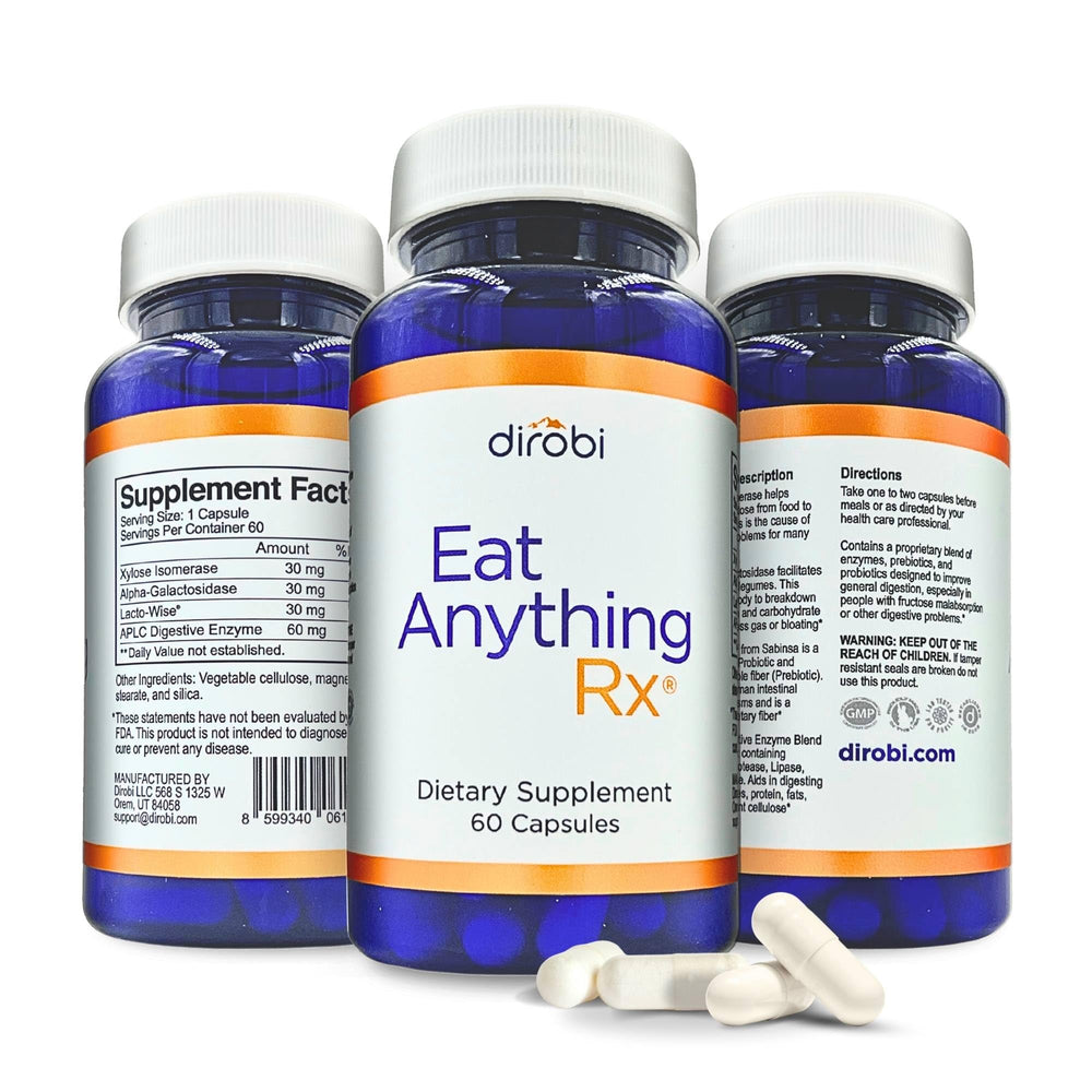 Dirobi Eat Anything bottle close-up showing digestion-support blend.