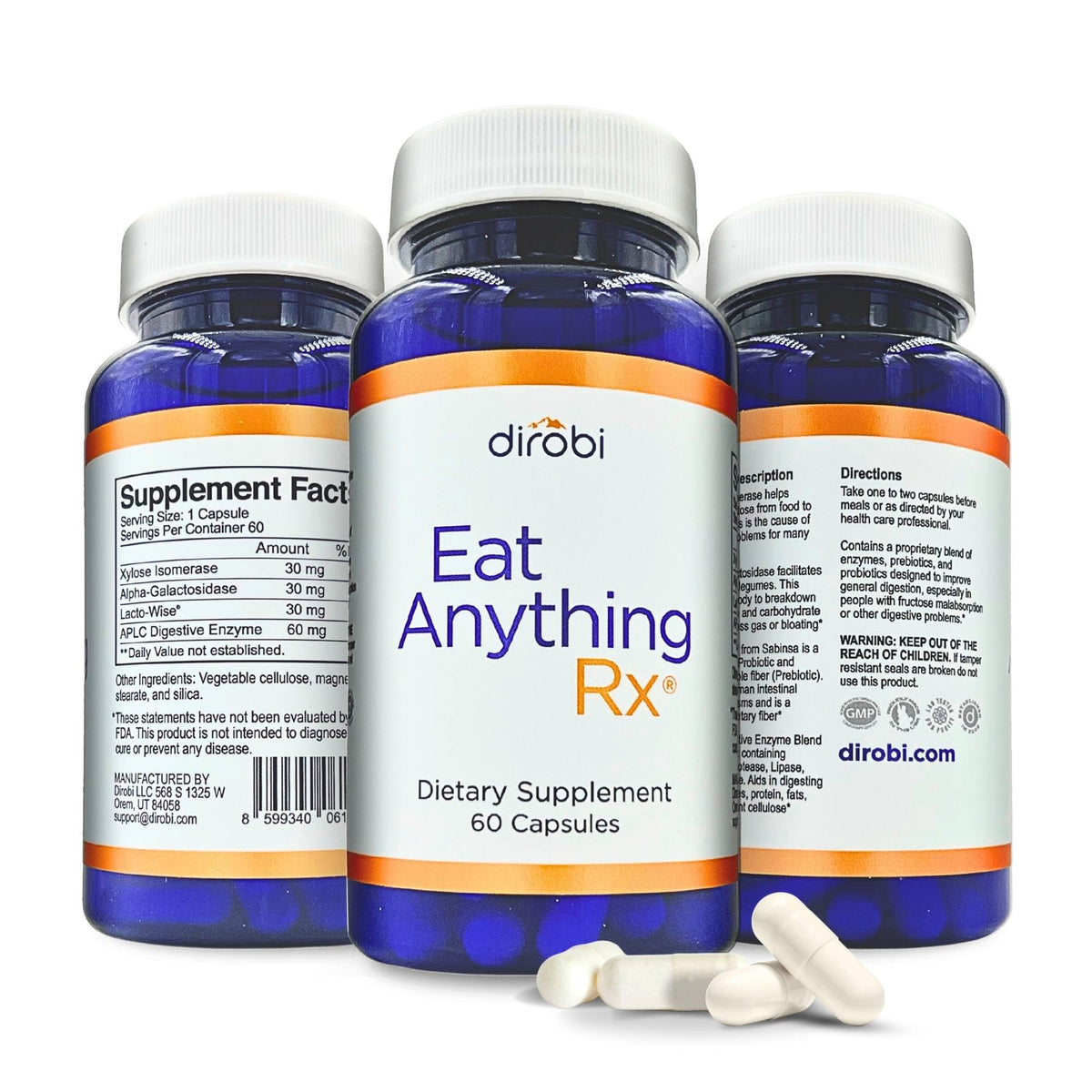 Dirobi Eat Anything bottle close-up showing digestion-support blend.