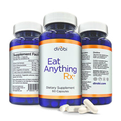 Dirobi Eat Anything bottle close-up showing digestion-support blend.