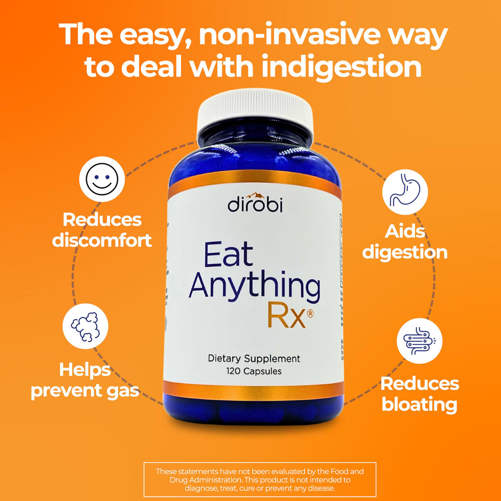 Dirobi Eat Anything packaging box highlighting FODMAP support.