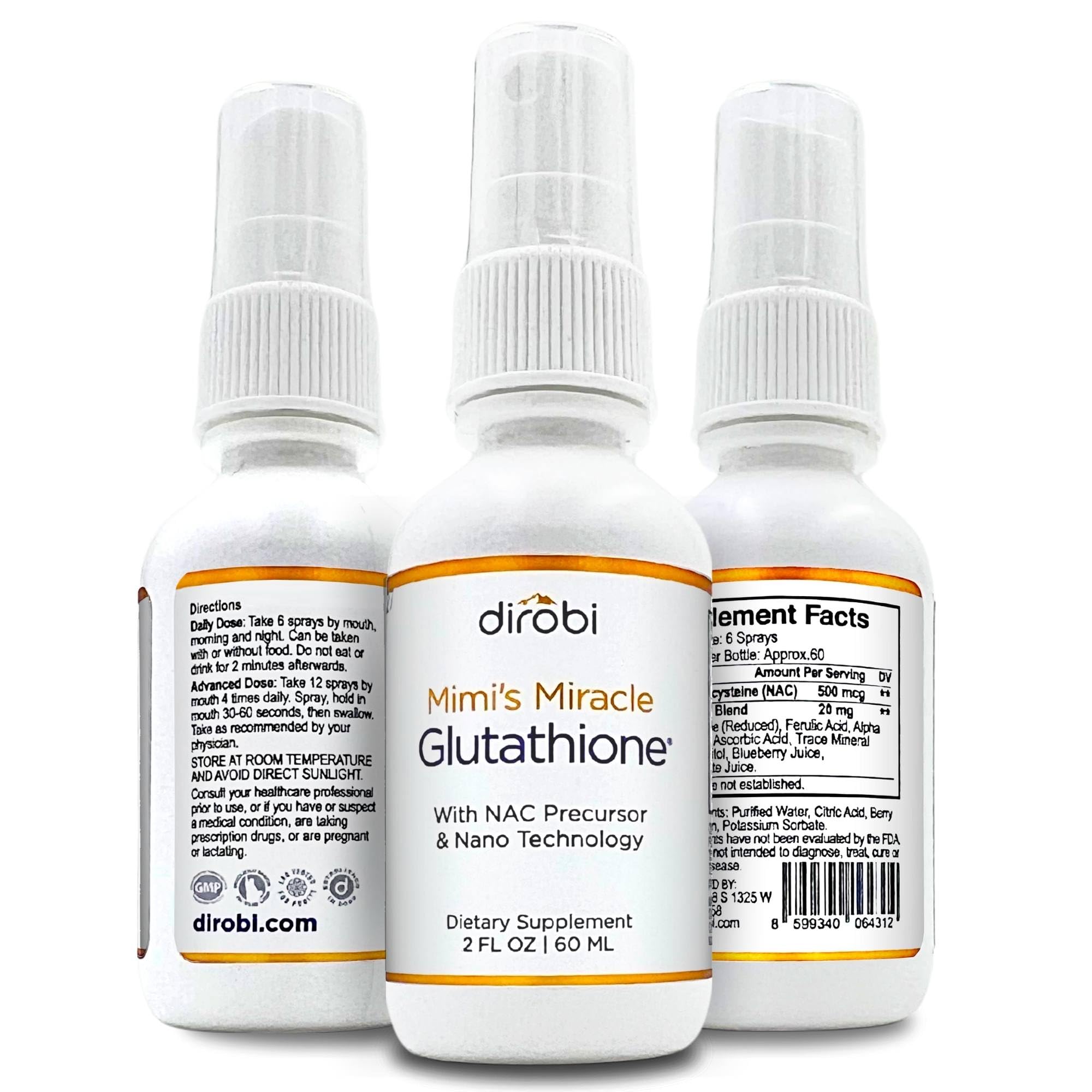 Dirobi Mimi's Miracle Glutathione Spray bottle front view showcases premium antioxidant packaging.