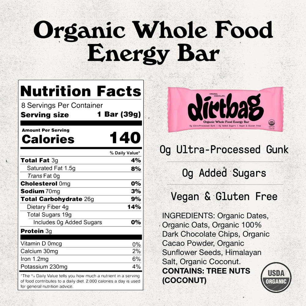 Dirtbag Bar Organic Whole-Food Ingredients close-up showcases dates, oats, and nuts' natural fuel.
