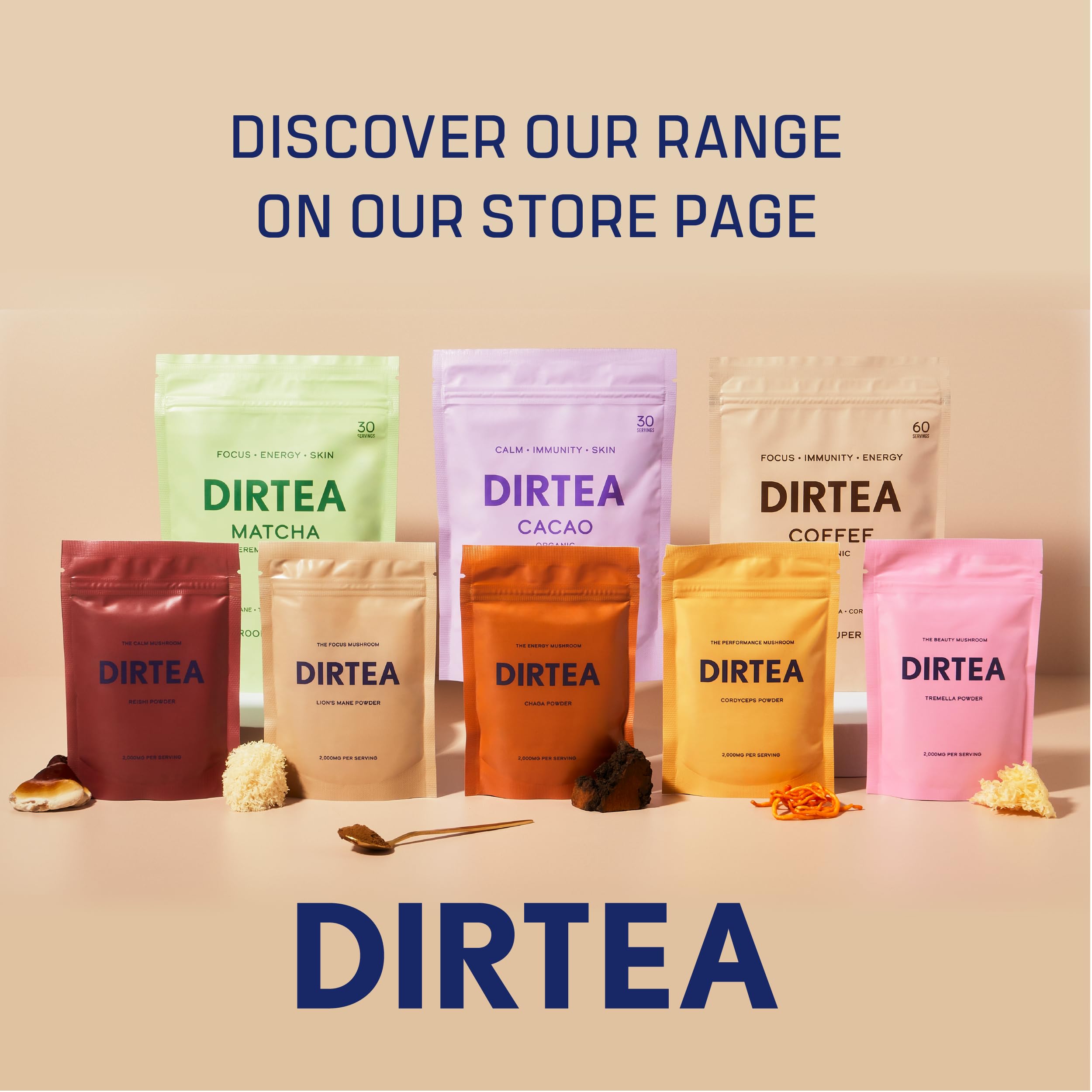 DIRTEA Reishi powder in morning coffee alongside mug